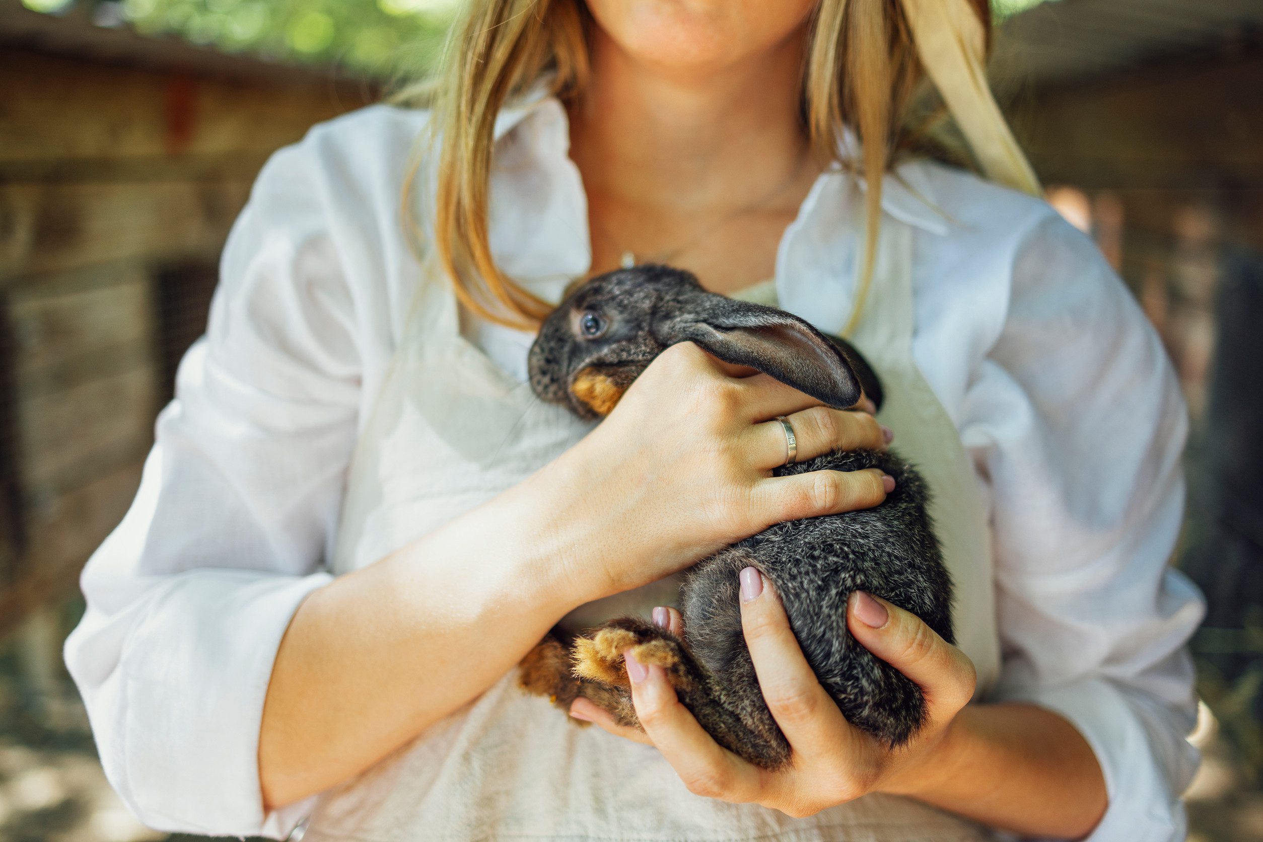 A woman in Oklahoma holding her ESA rabbit.