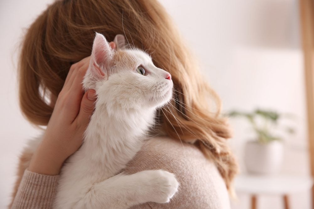 woman holding cat on shoulder