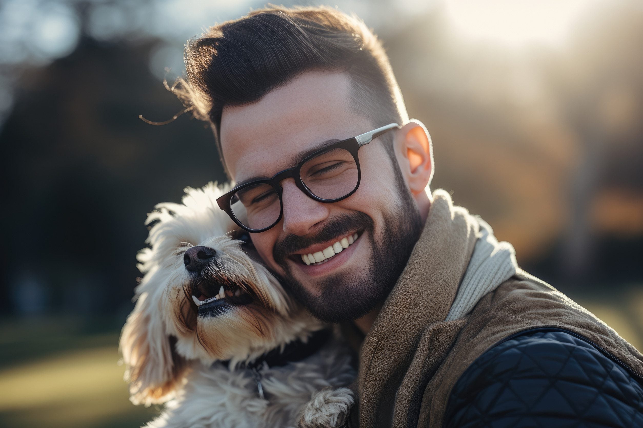 A man cuddling with his emotional support dog outside in San Jose, CA.