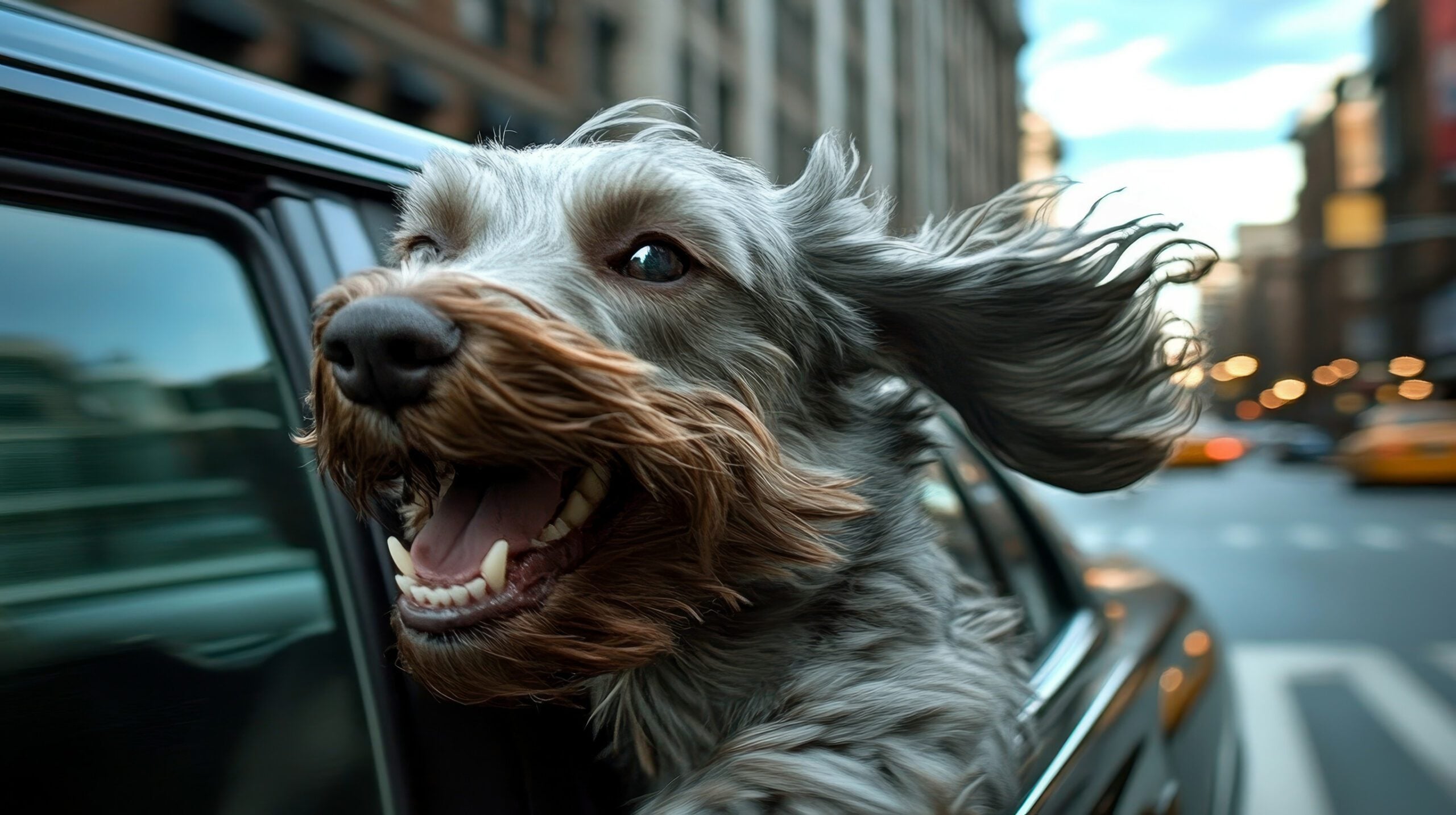 A small grey ESA dog traveling in a car in the city joyously because he researched how to get an emotional support animal (ESA) Letter in Oklahoma City, OK.