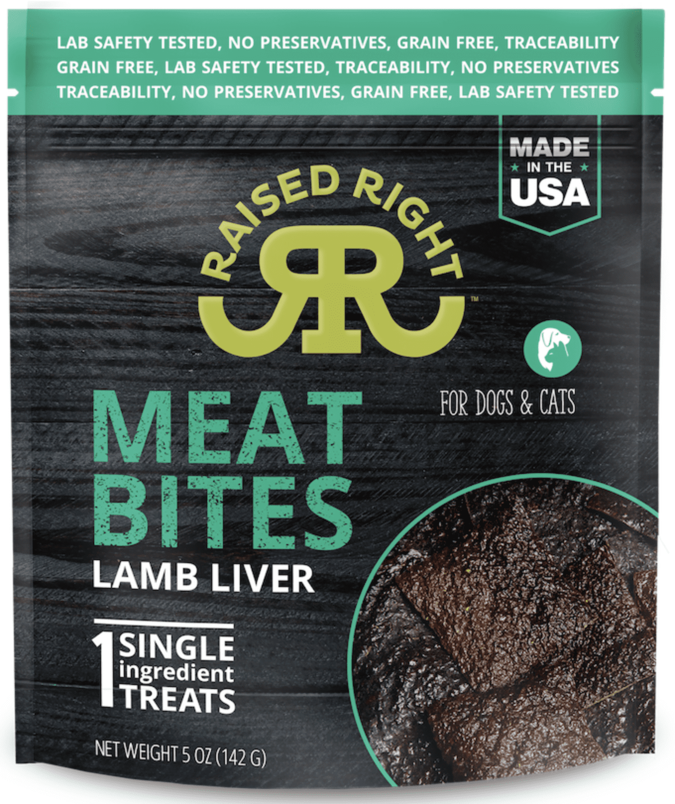package of raised right meat bites dog treats