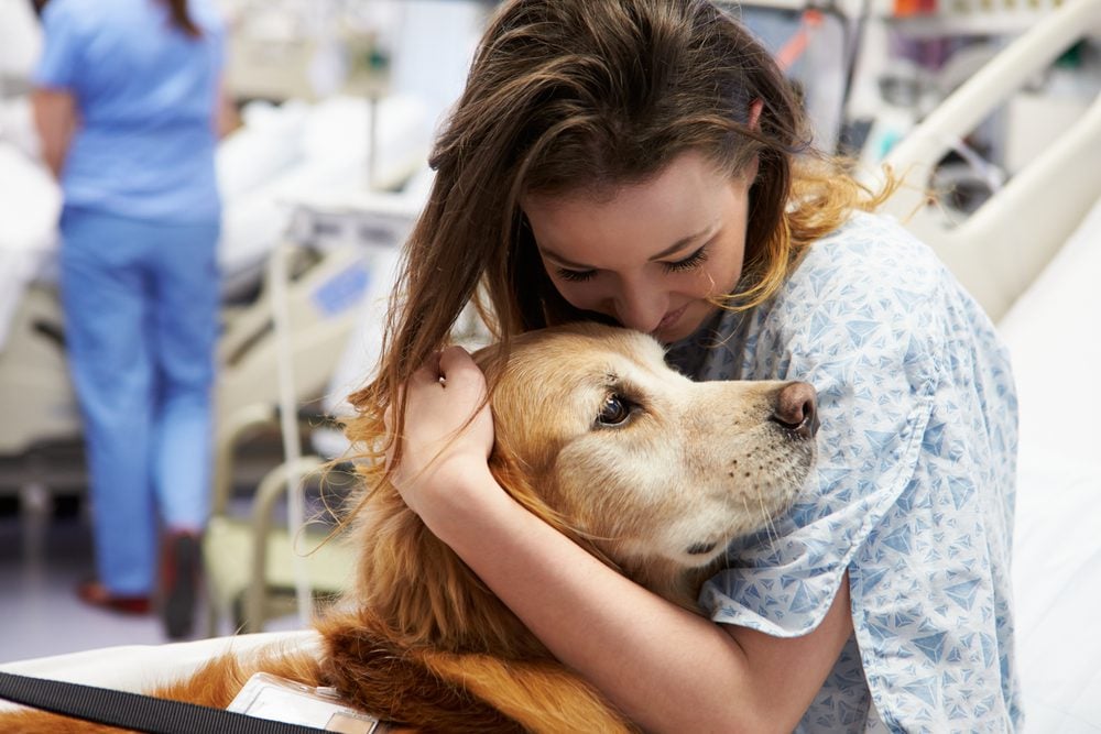a patient in a hospital hugging a dog