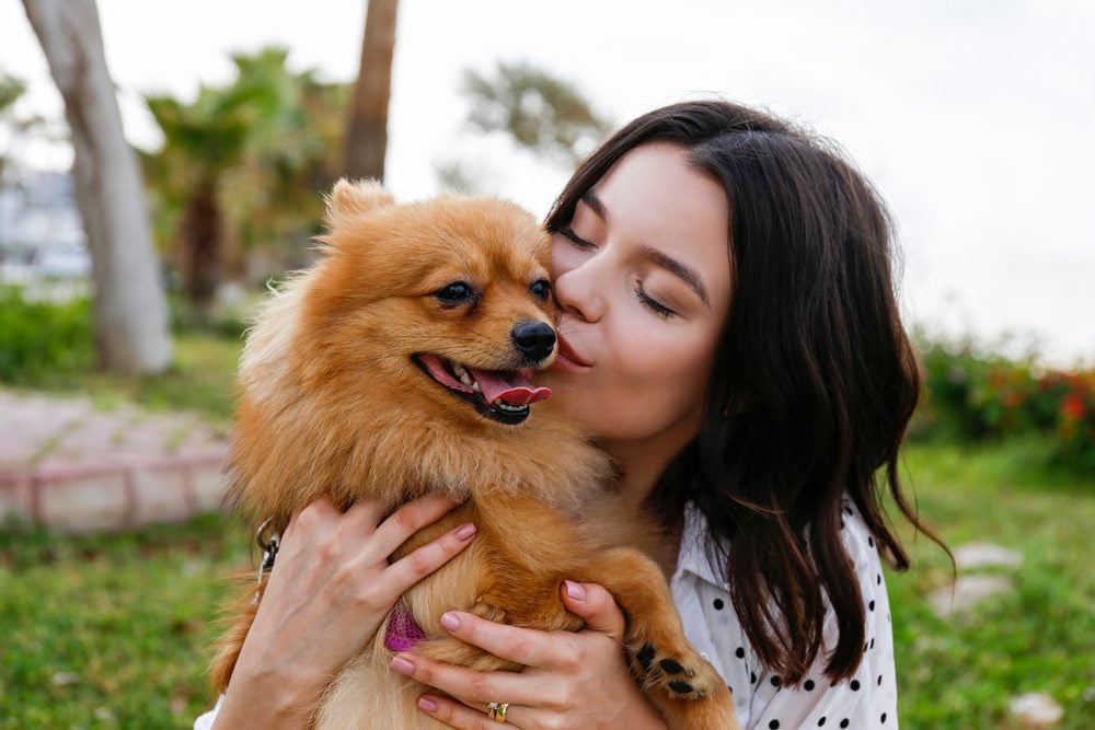 woman hugging pomeranian in a park