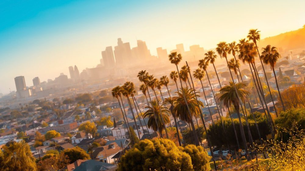 Los Angeles downtown skyline at sunset.