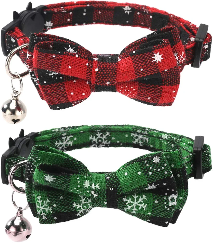 Two bowtie cat collars green and red