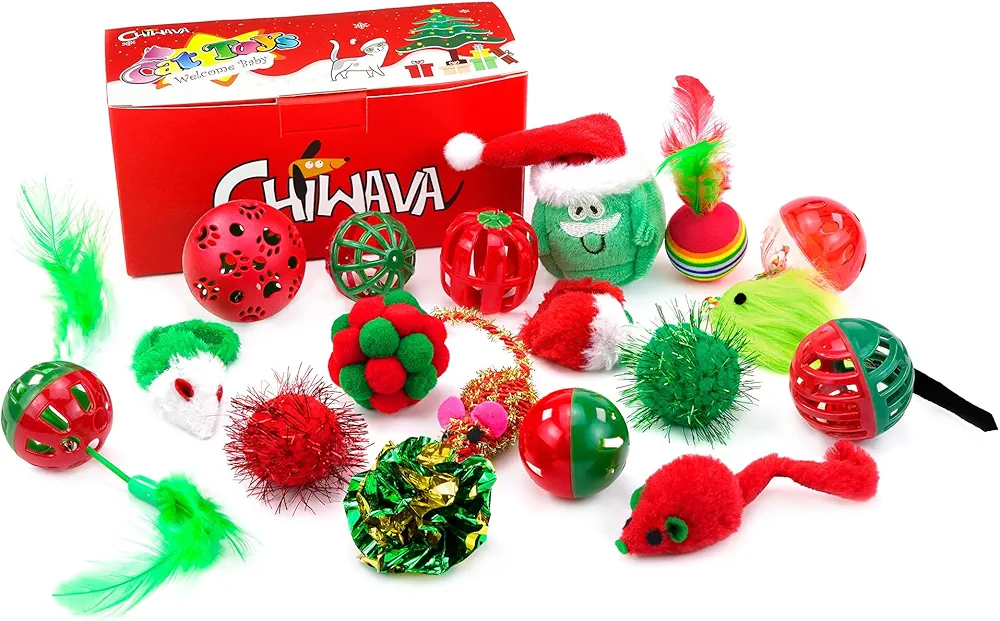 Collection of cat toys near Christmas box