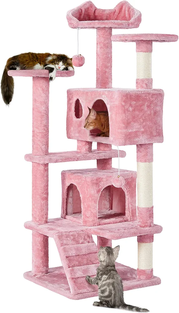 Pink cat tower with 3 cats
