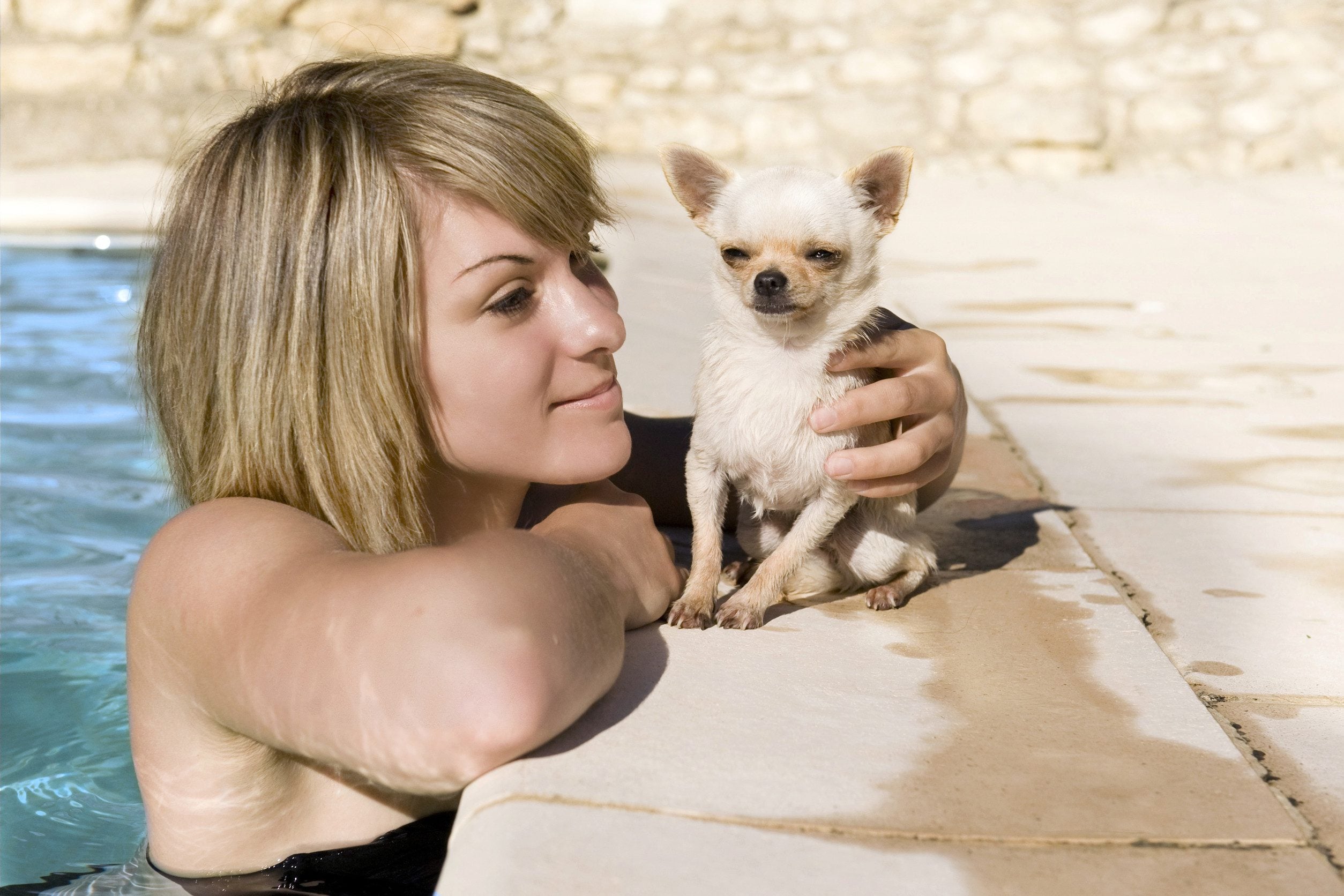 A woman holding a small dog by a pool in Montgomery.