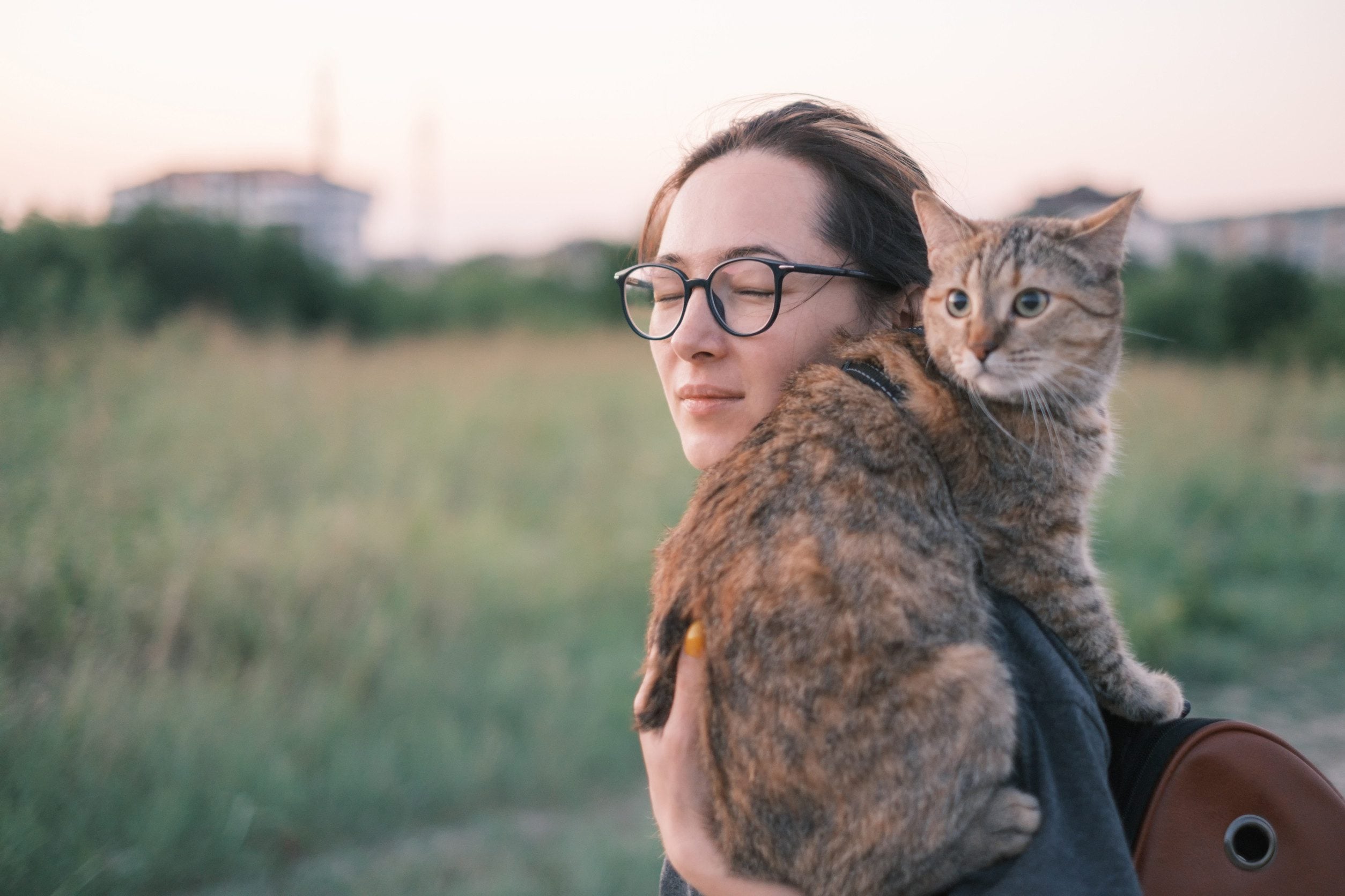 A girl with a cat sitting on her shoulder strolling in a grassy field in Anaheim.