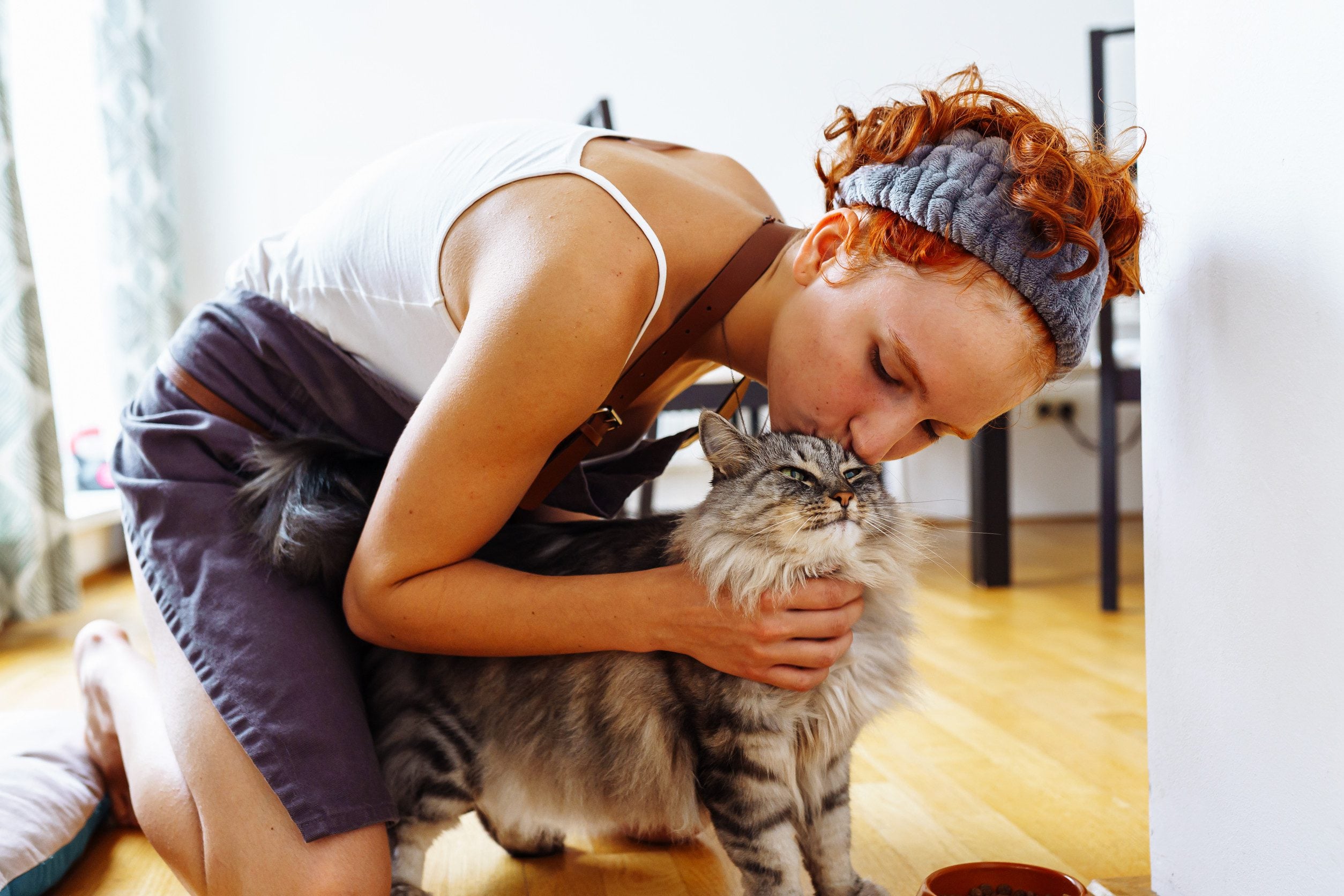 A fluffy tabby ESA cat getting smooched on the head by a redheaded artist woman in her Tucson apartment.