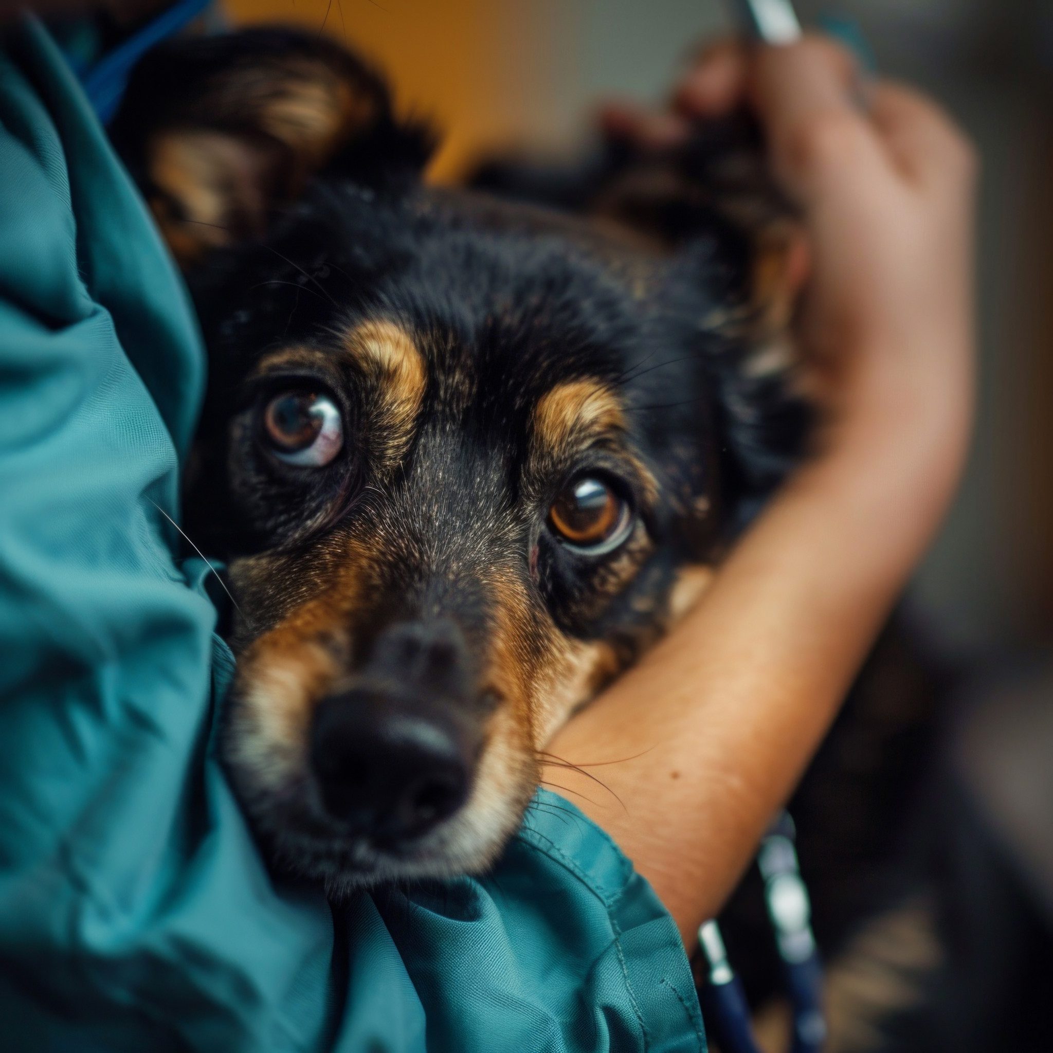 A woman holding an emotional support dog in Fayetteville, Arkansas.