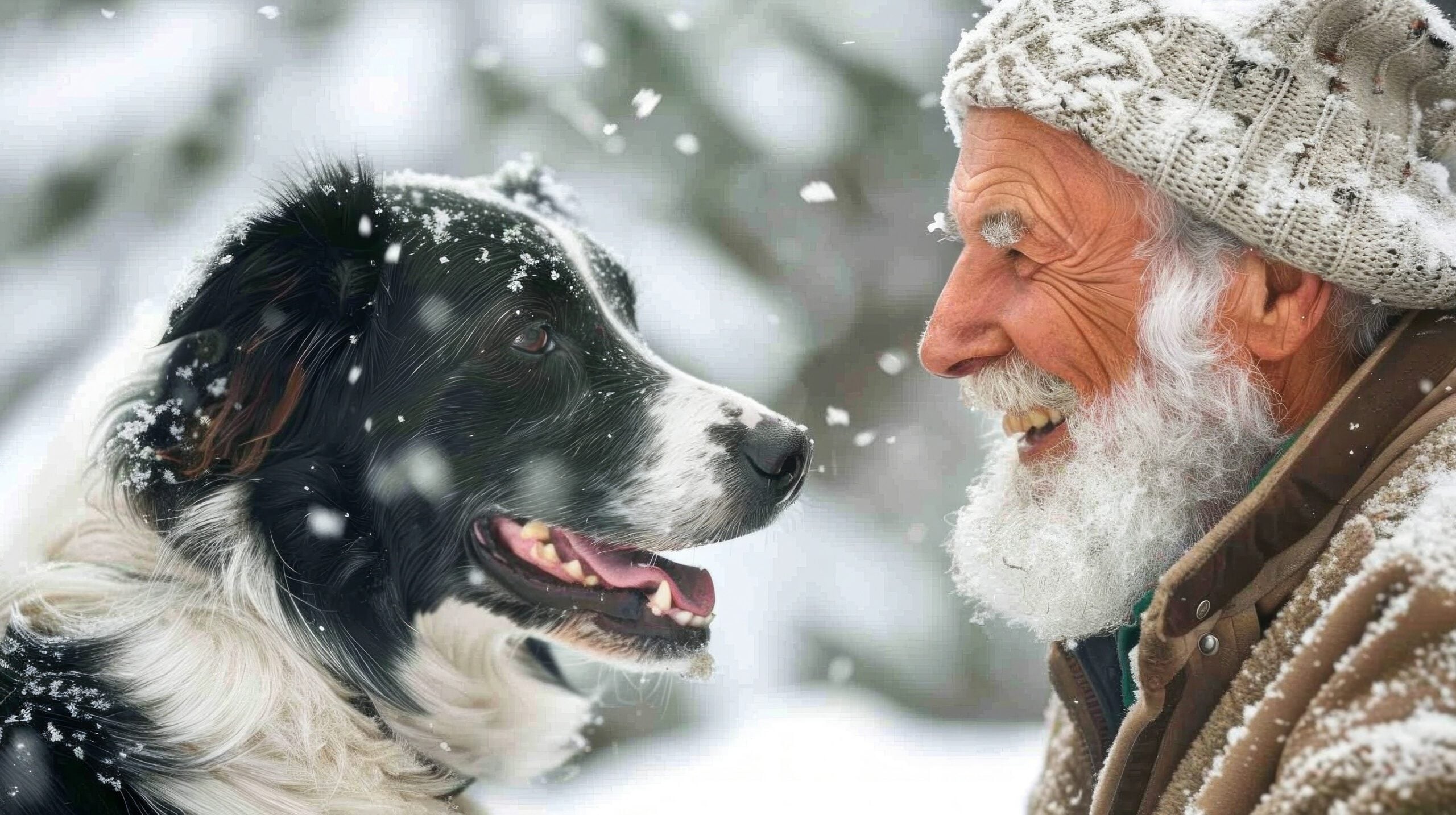A senior man petting a dog outside on a snowy day.