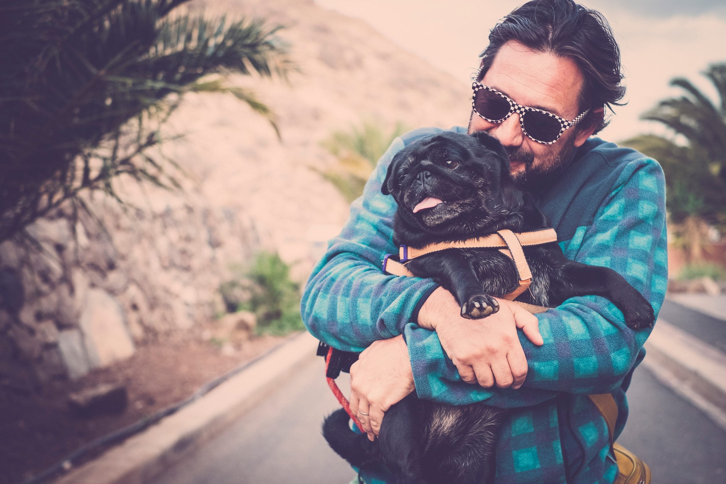 Man holding his emotional support dog in Louisville.