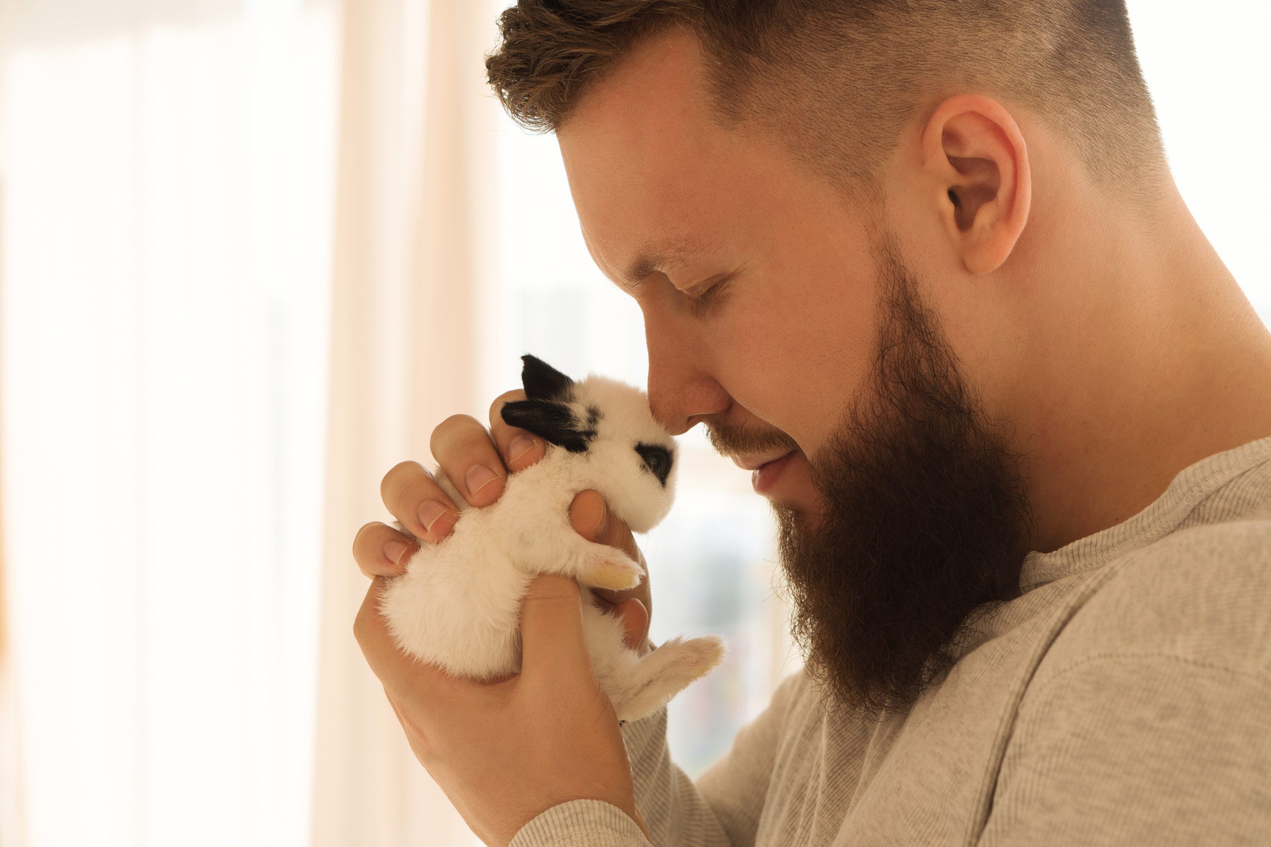A bearded man holding a cute emotional support animal (ESA) white rabbit close to his head in Lincoln, NE.