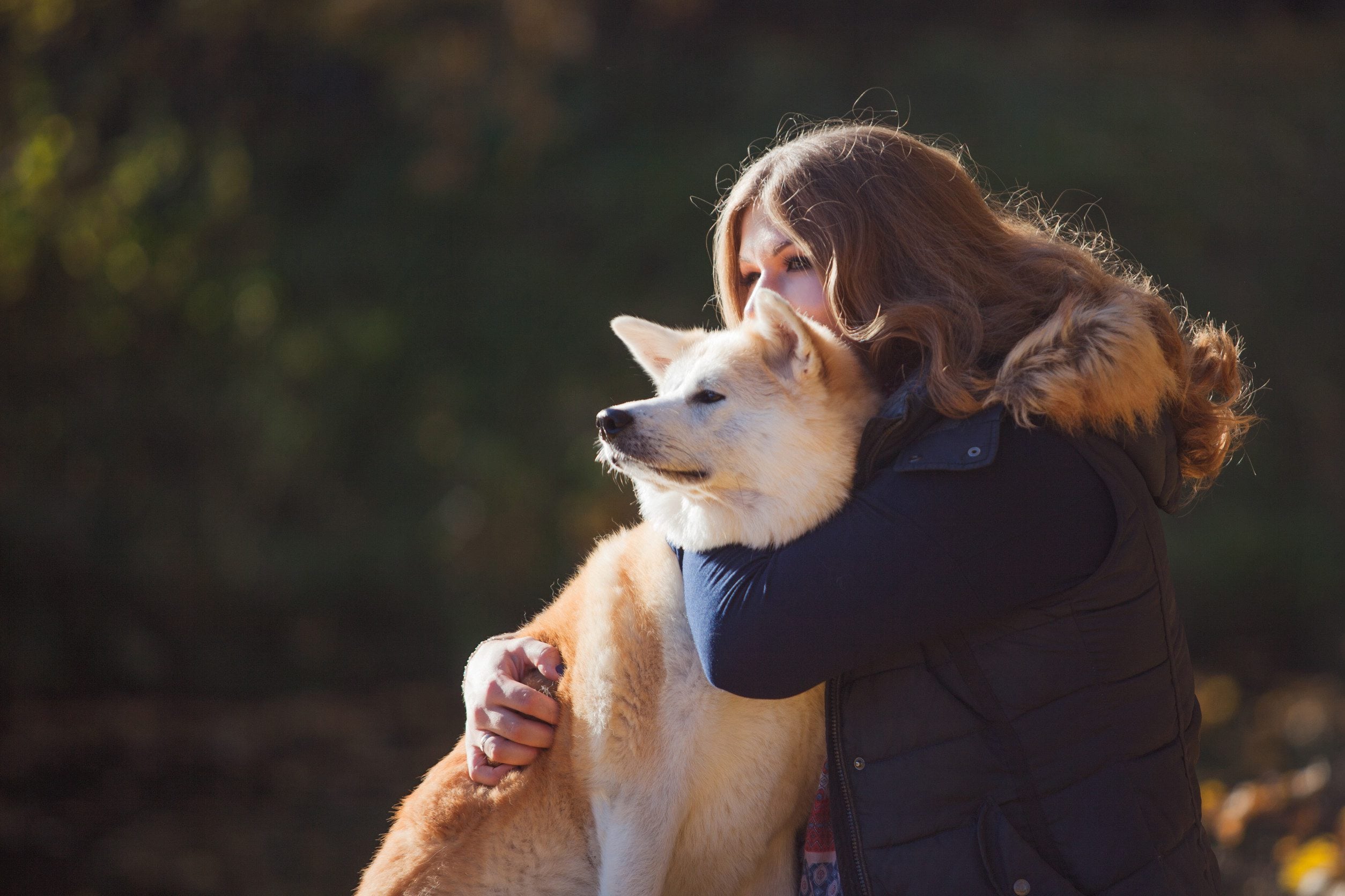 A young brunette woman hugs a sitting akita inu.