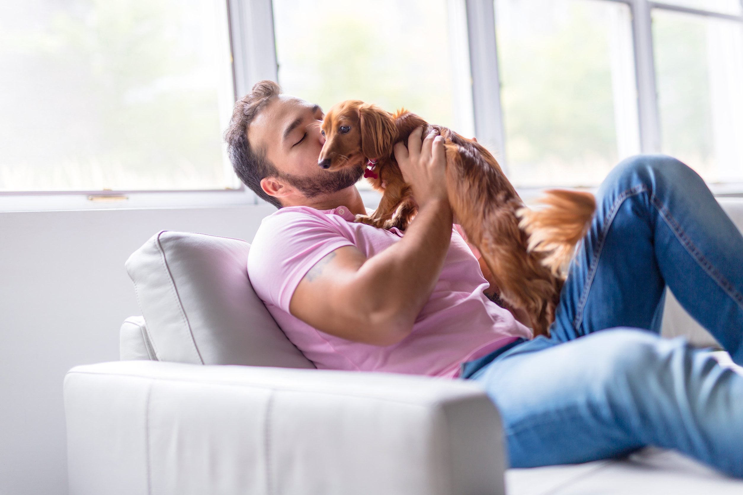A man hugging an emotional support animal dog in Naperville.