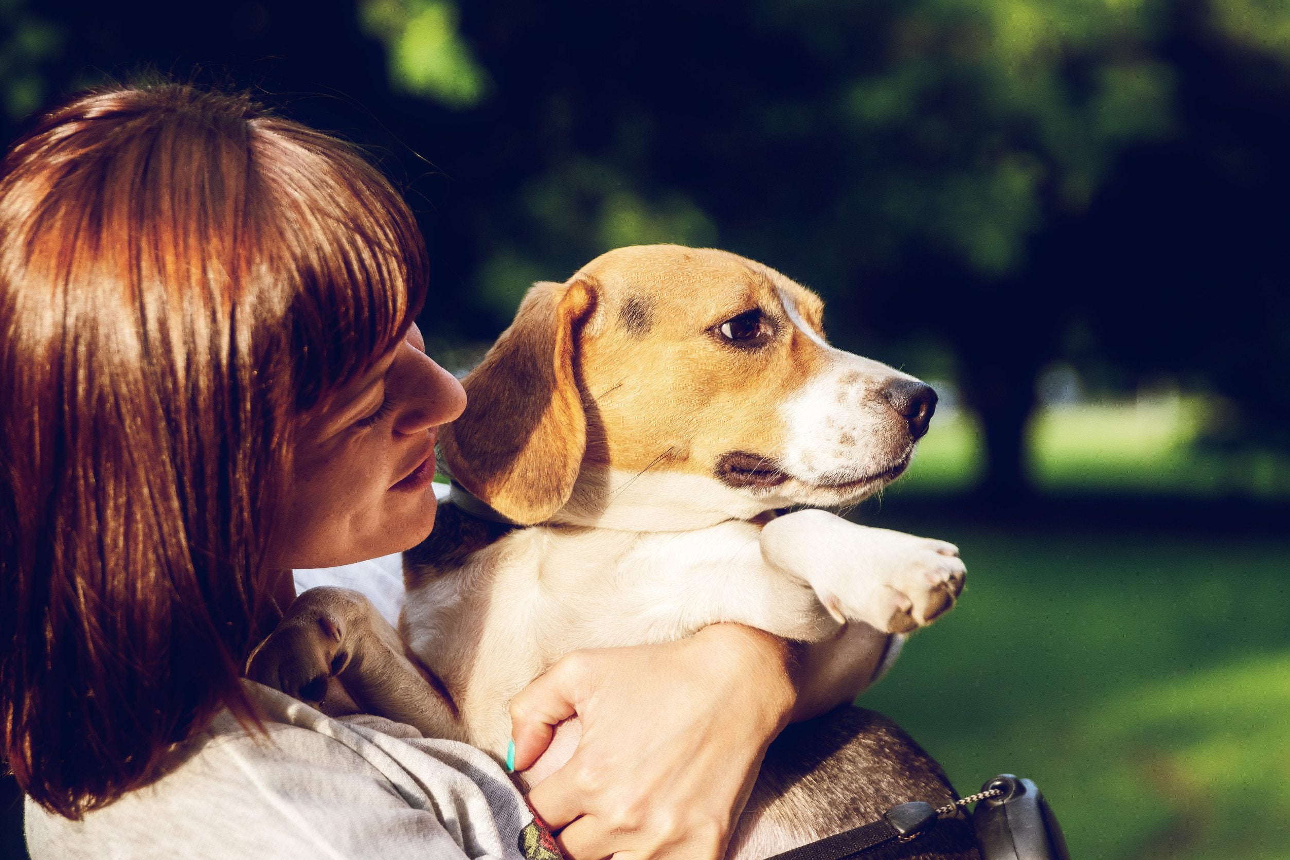 A close-up of a woman cuddling her emotional support animal in a park on a sunny day in Colorado Springs, CO.