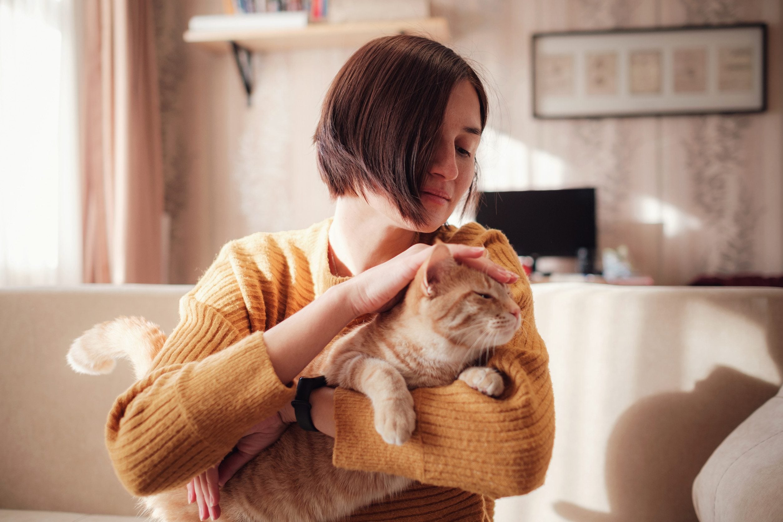 A woman with short hair petting her emotional support animal while sitting comfortably on a sofa in South Bend, IN.
