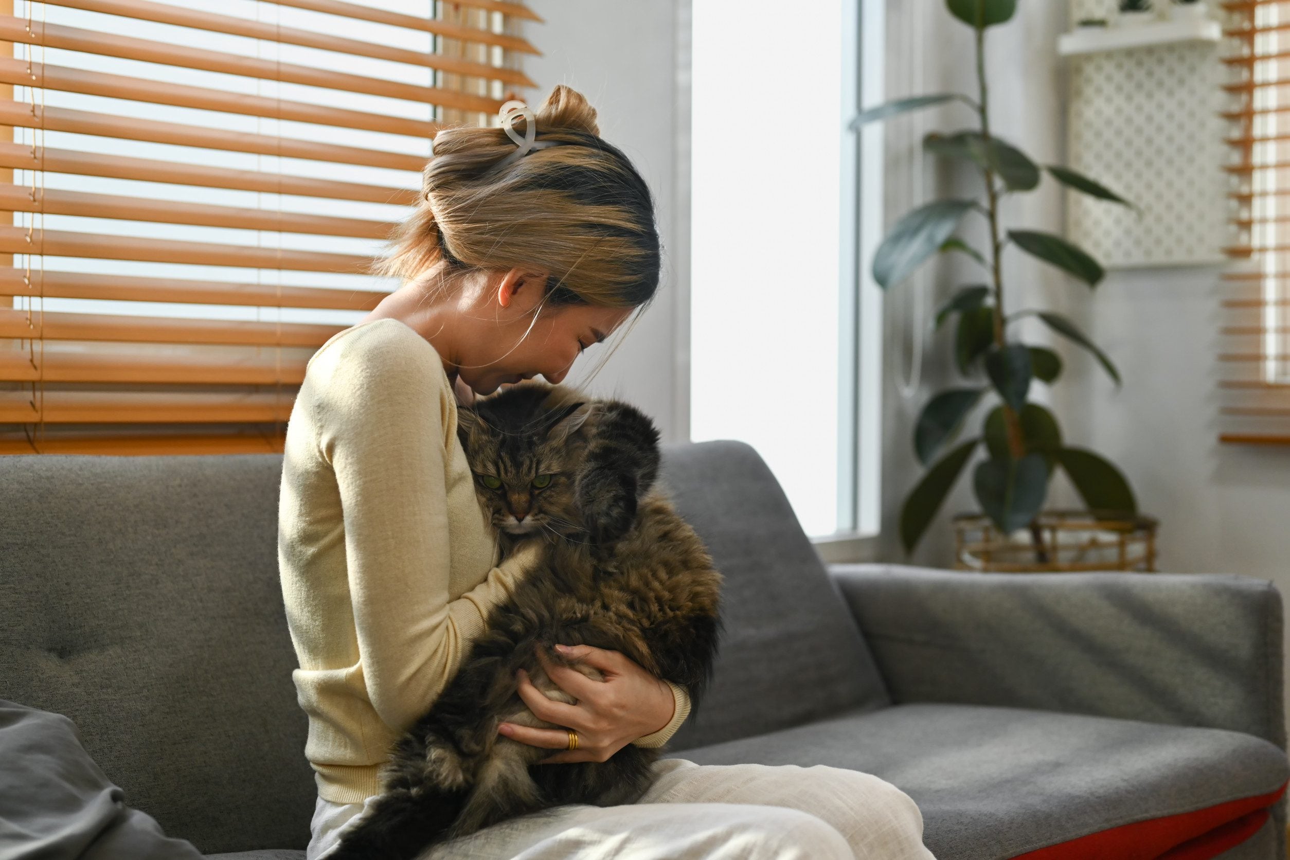 A young woman sitting on a couch holding her emotional support animal in Aurora, CO.