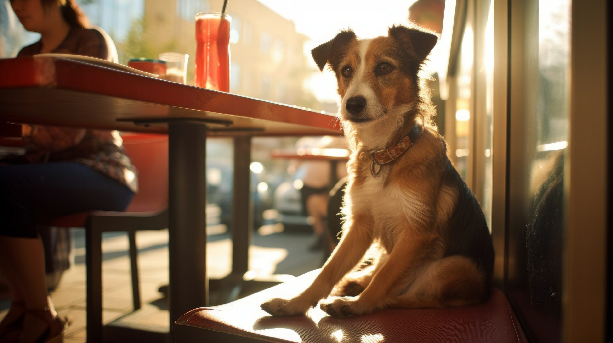 A well-trained emotional support animal waiting patiently at a café in Fort Collins, CO.