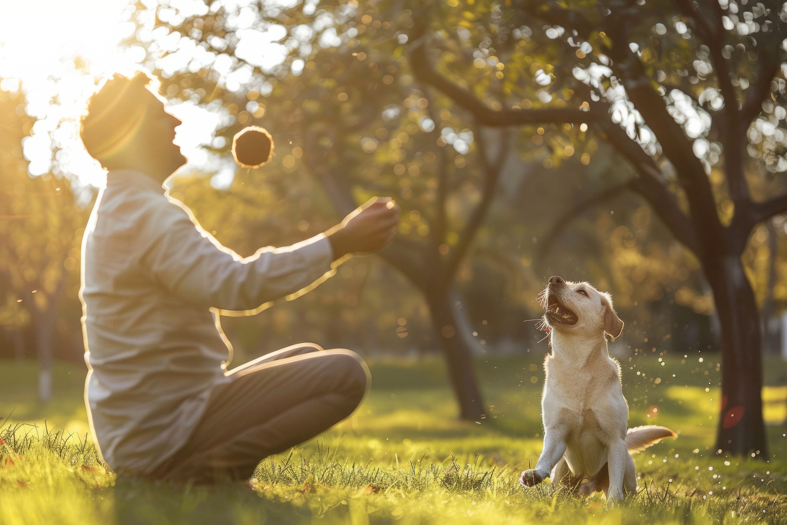 A man playing fetch with his emotional support animal in a park during golden hour in Great Falls, MT.