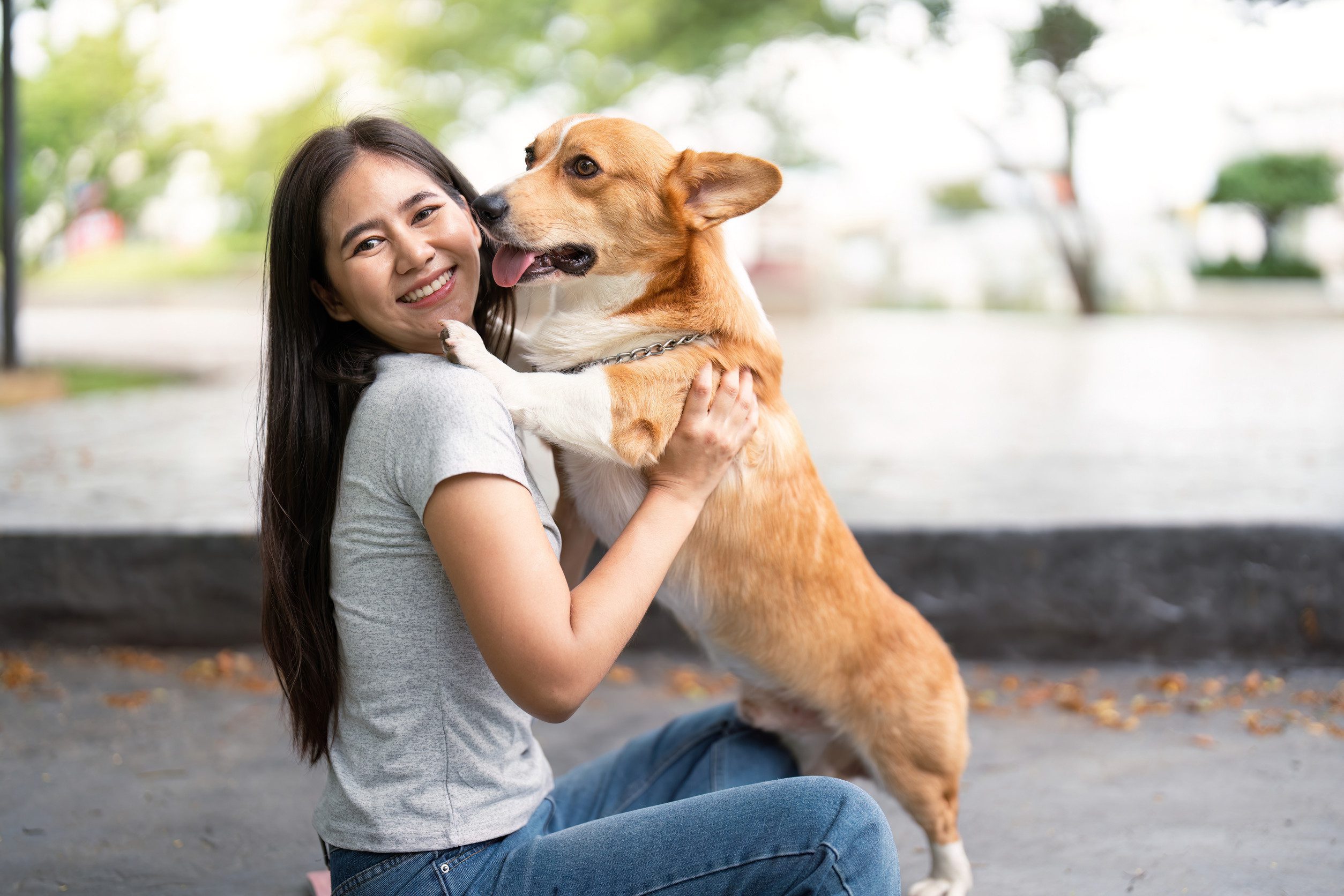 A woman playing with her emotional support animal in a park in Boise, ID.