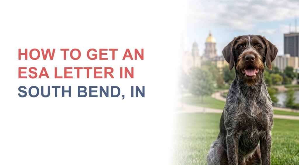 A dog with text reading how to get an ESA letter in South Bend, Indiana.