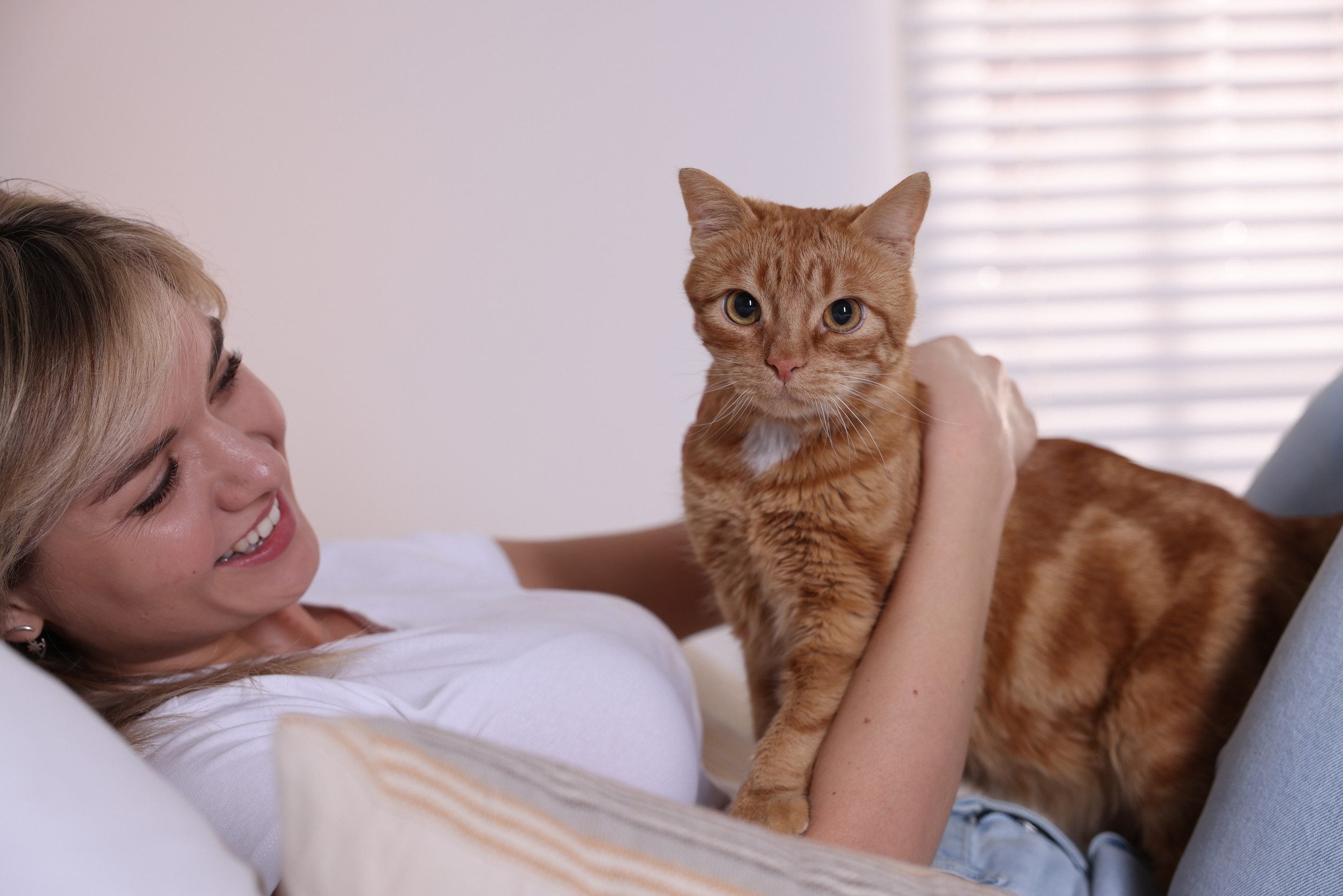 A woman relaxing on a couch while holding her emotional support animal in New York, NY.