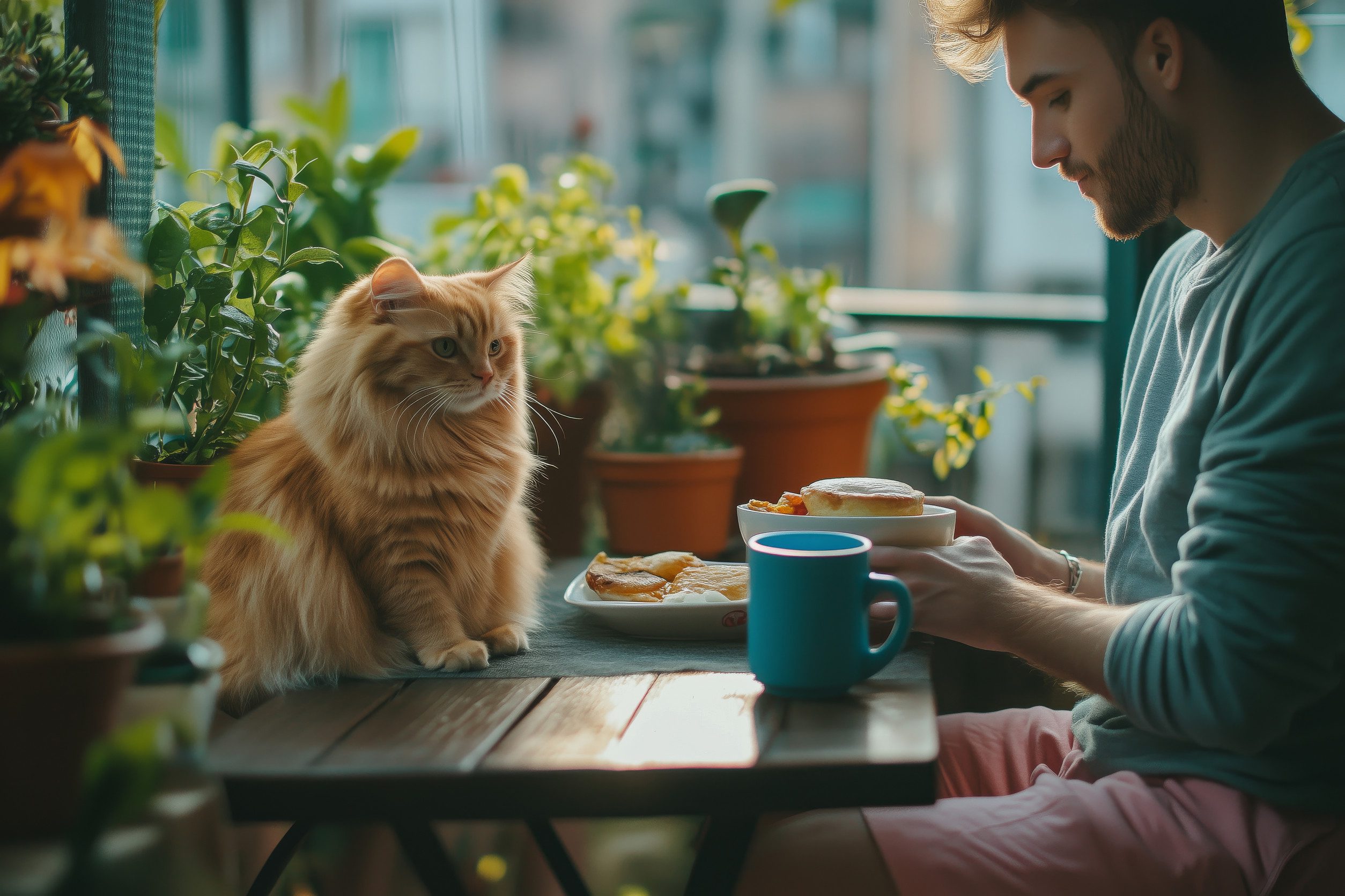 Emotional support cat sitting next to their owner while he eats breakfast outside in McKinney.