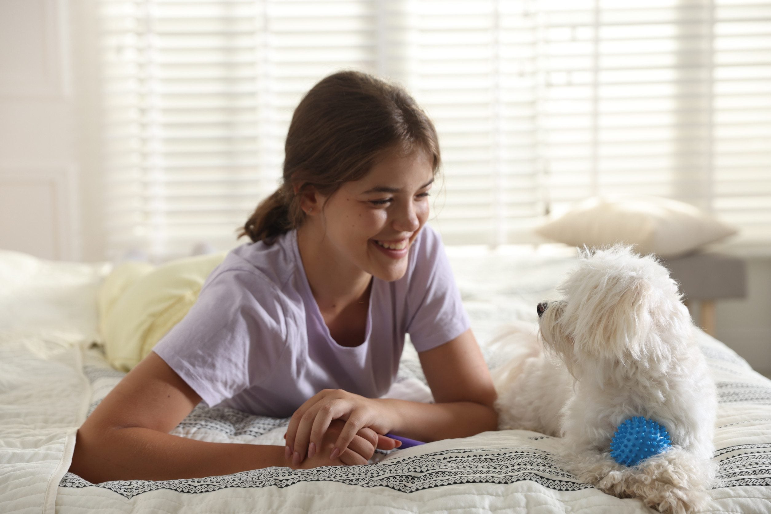 A girl playing with her emotional support animal in Rutland, VT.
