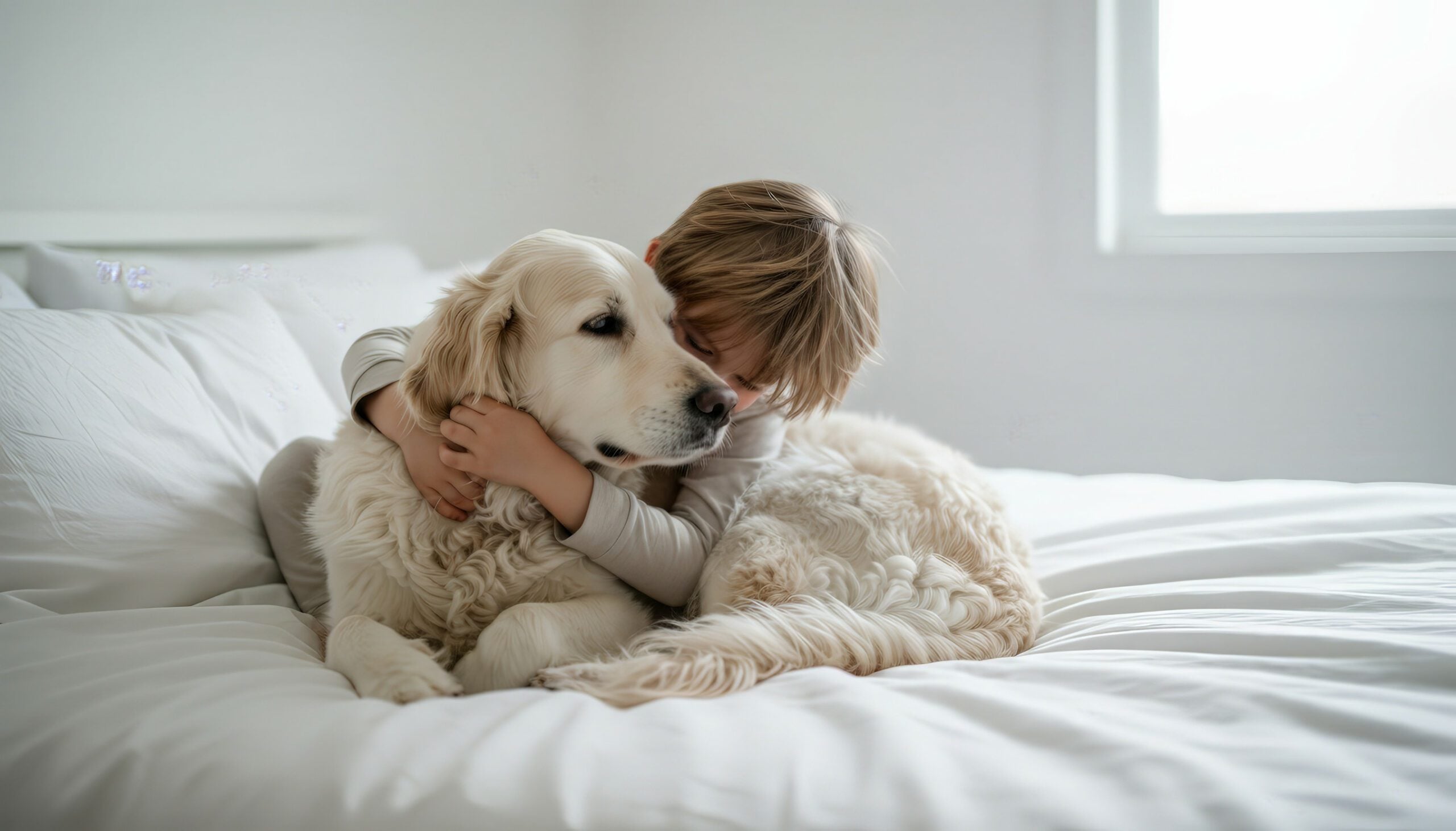 A young boy learns how to get an ESA letter in Laramie and hugs his dog.