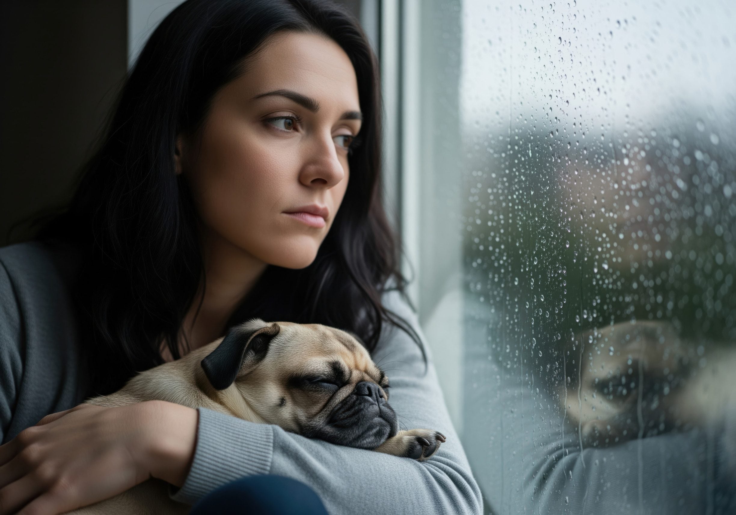 A woman in Broken Arrow, OK, holding her emotional support animal (ESA) while looking out the window at the rain.