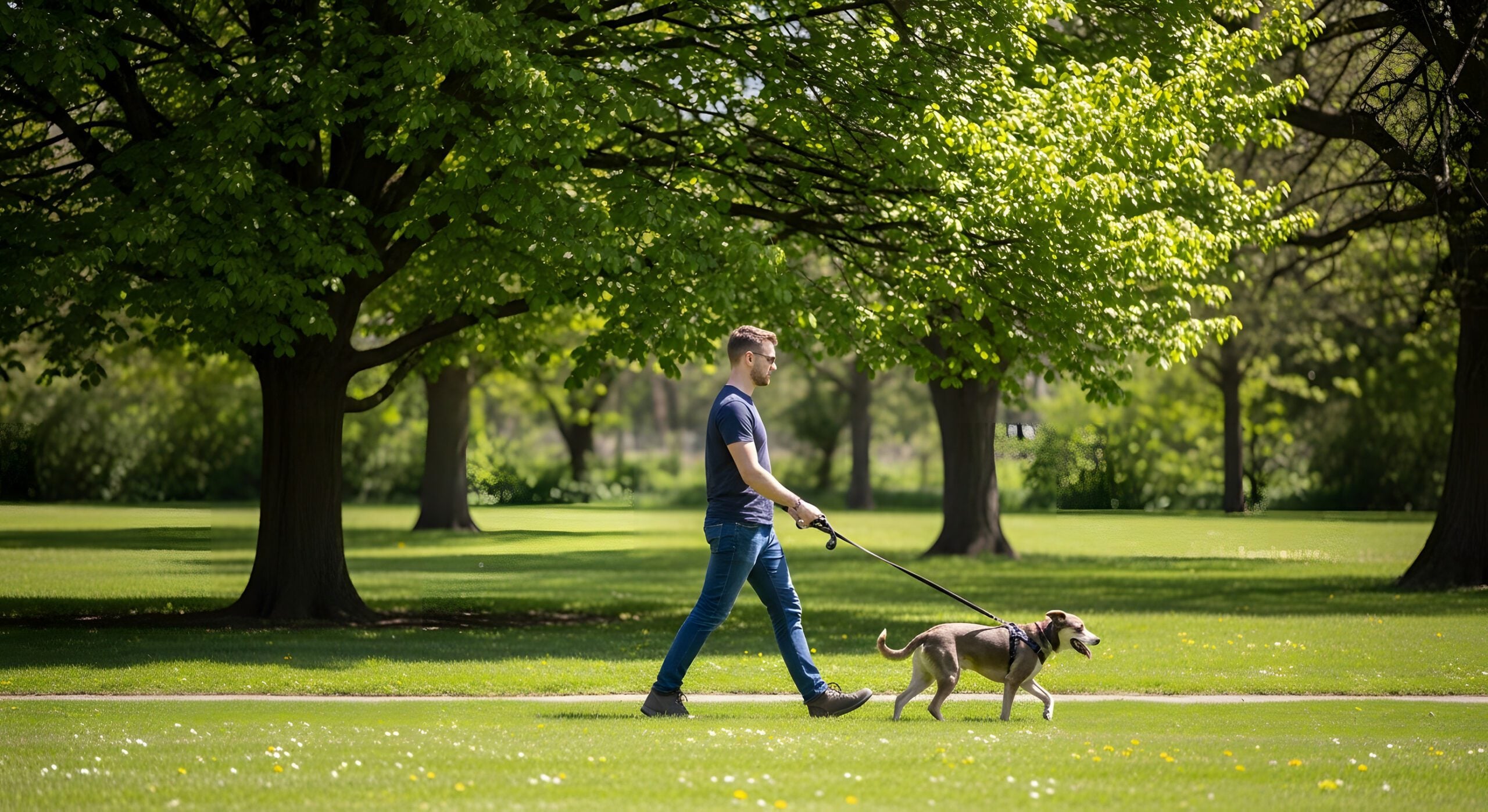 A man enjoying a stroll with his emotional support animal in a park in Durham, NC.
