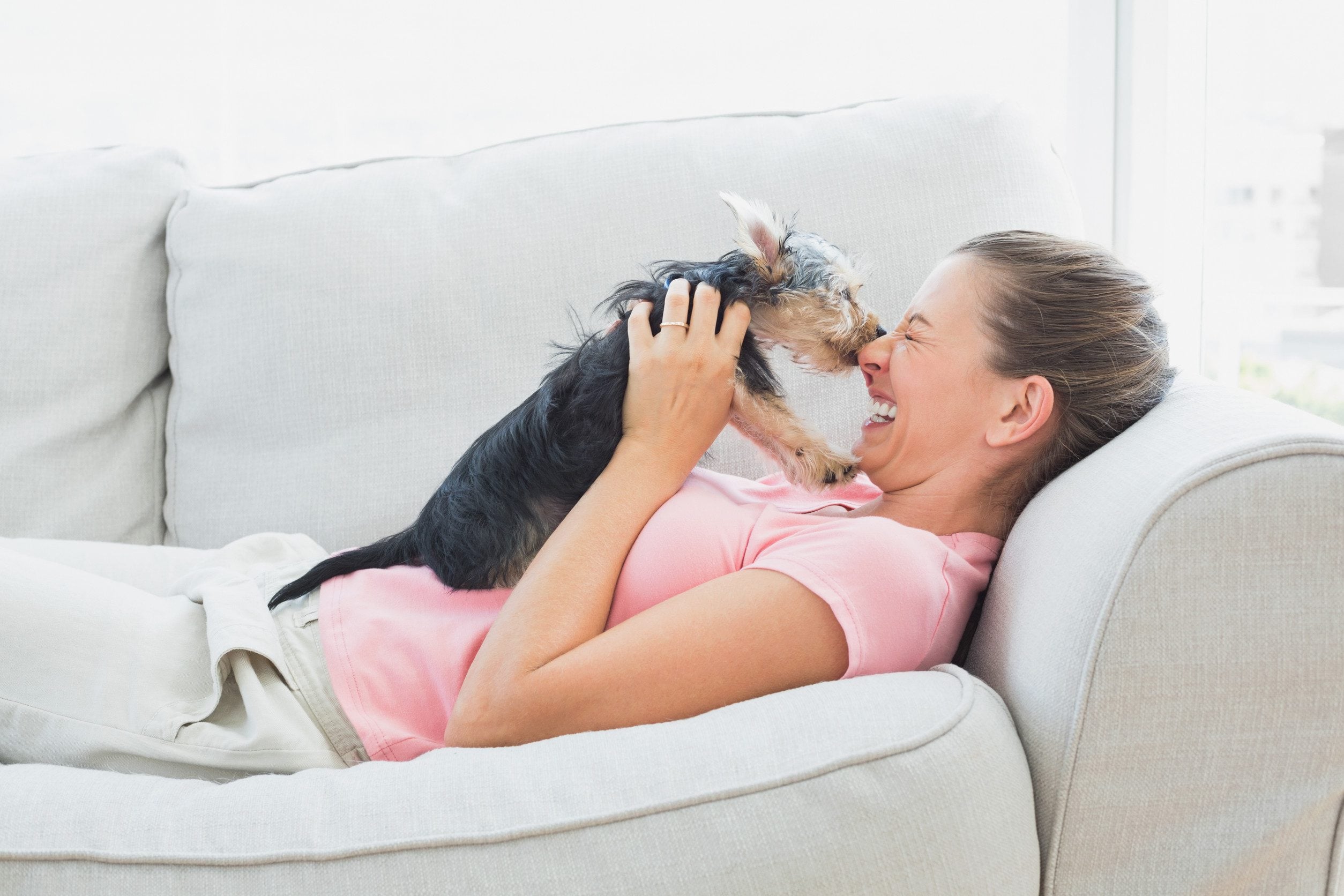 A happy woman hugging a Yorkie after learning hw to get an ESA letter in Frisco, TX.