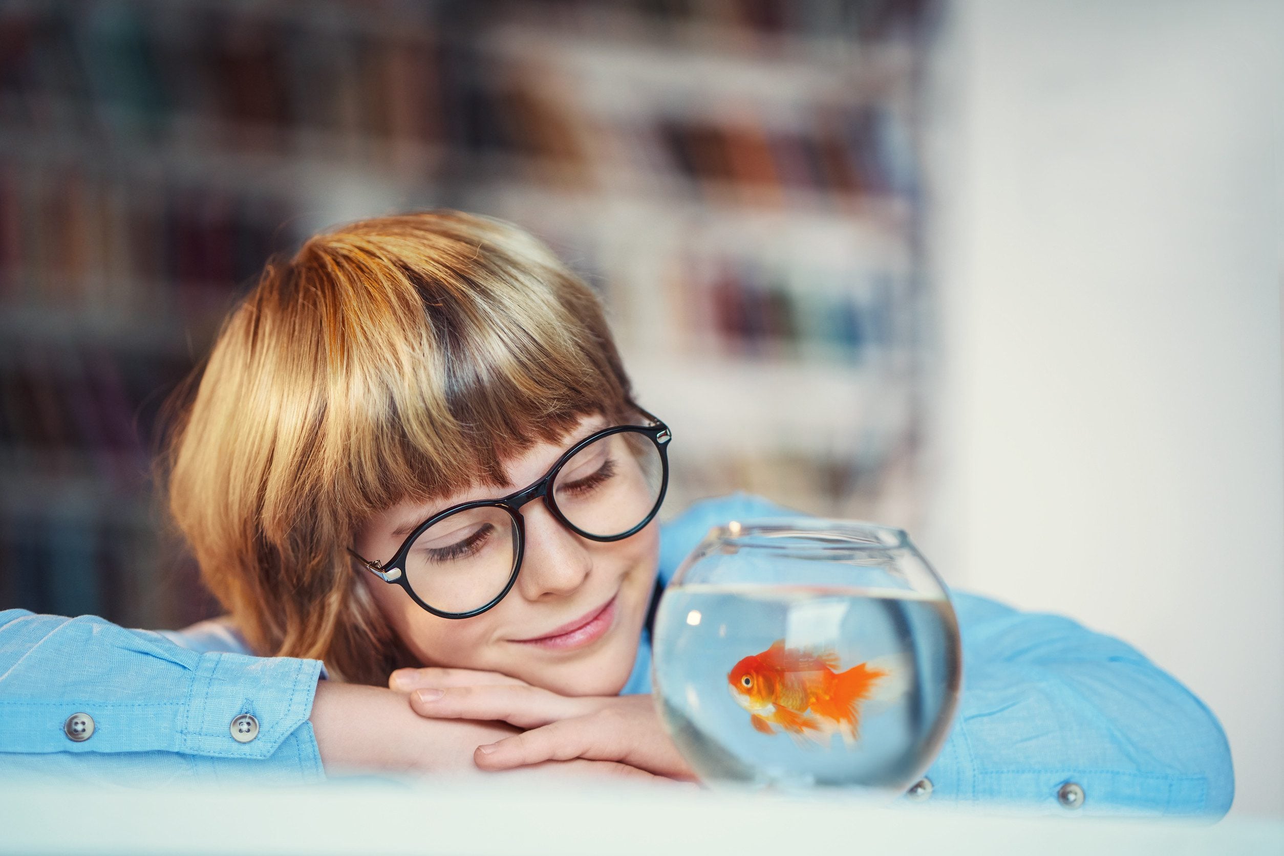 A young boy in glasses smiling while looking at his emotional support animal goldfish in Edmond, OK.