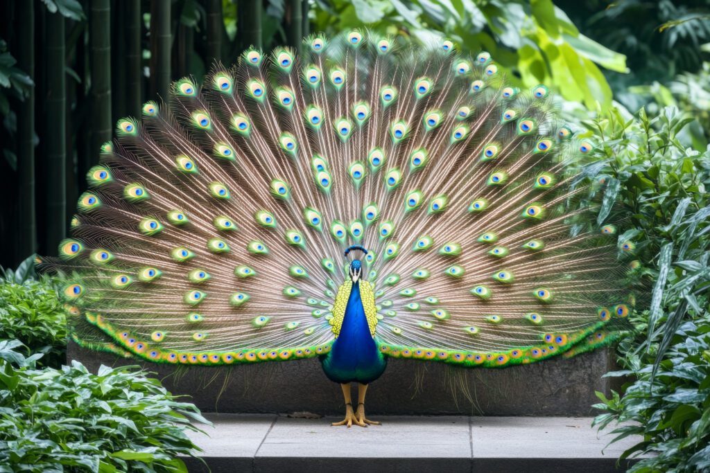 An emotional support peacock with feathers fanned out.