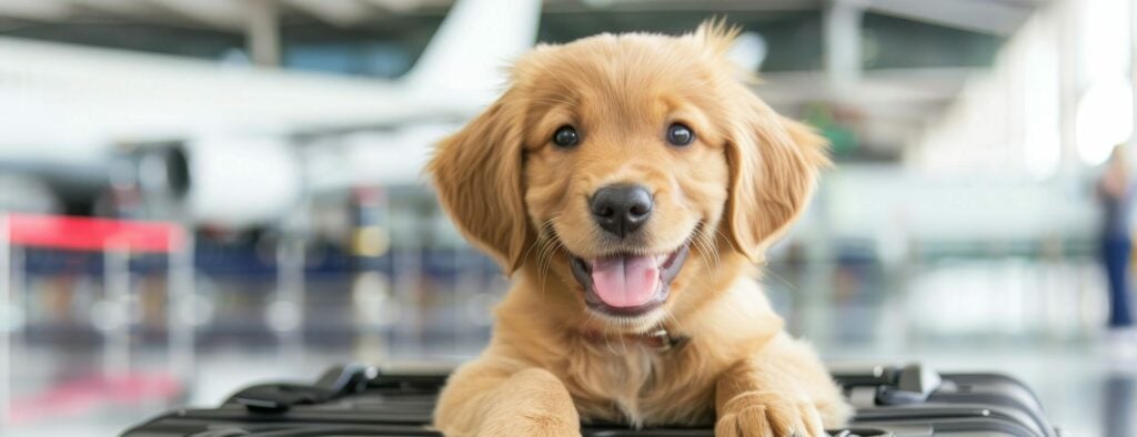 A dog sitting next to a suitcase, wondering which airlines allow emotional support animals.