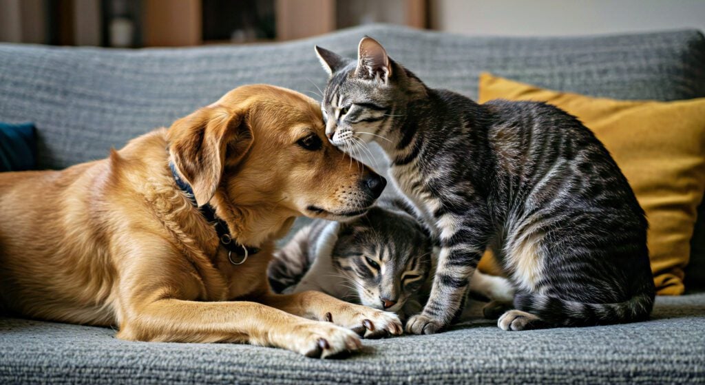 Cat and dog playing on a sofa together in a cozy home, showcasing the importance of emotional support animals and renting.