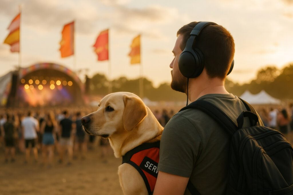 A man with his seizure service dog at a festival.