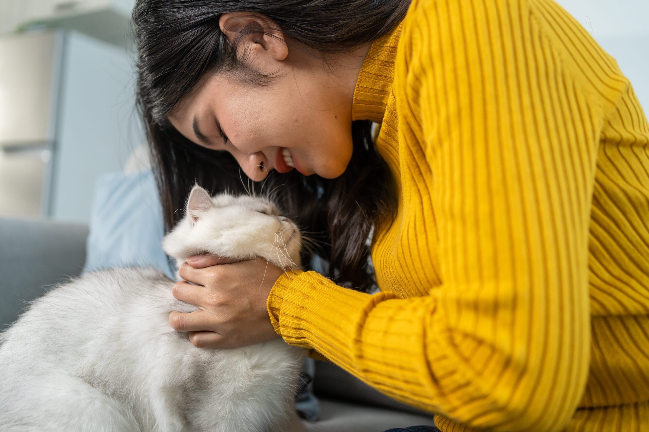 A young woman stroking an emotional support cat in her home in Ohio.